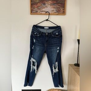 Dark Blue Distressed Ankle Jeans